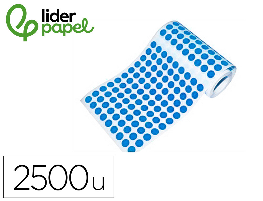 Gomets liderpapel autoadhesivo circulos 15 mm azul rollo de 2500 unidades en caja de carton
