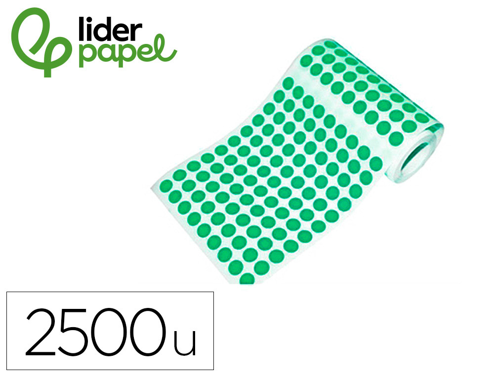 Gomets liderpapel autoadhesivo circulos 15 mm verde rollo de 2500 unidades en caja de carton