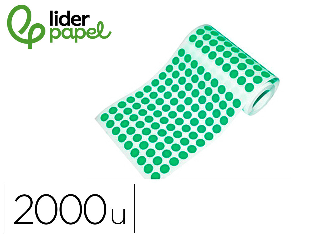 Gomets liderpapel autoadhesivo circulos 20 mm verde rollo de 2000 unidades en caja de carton