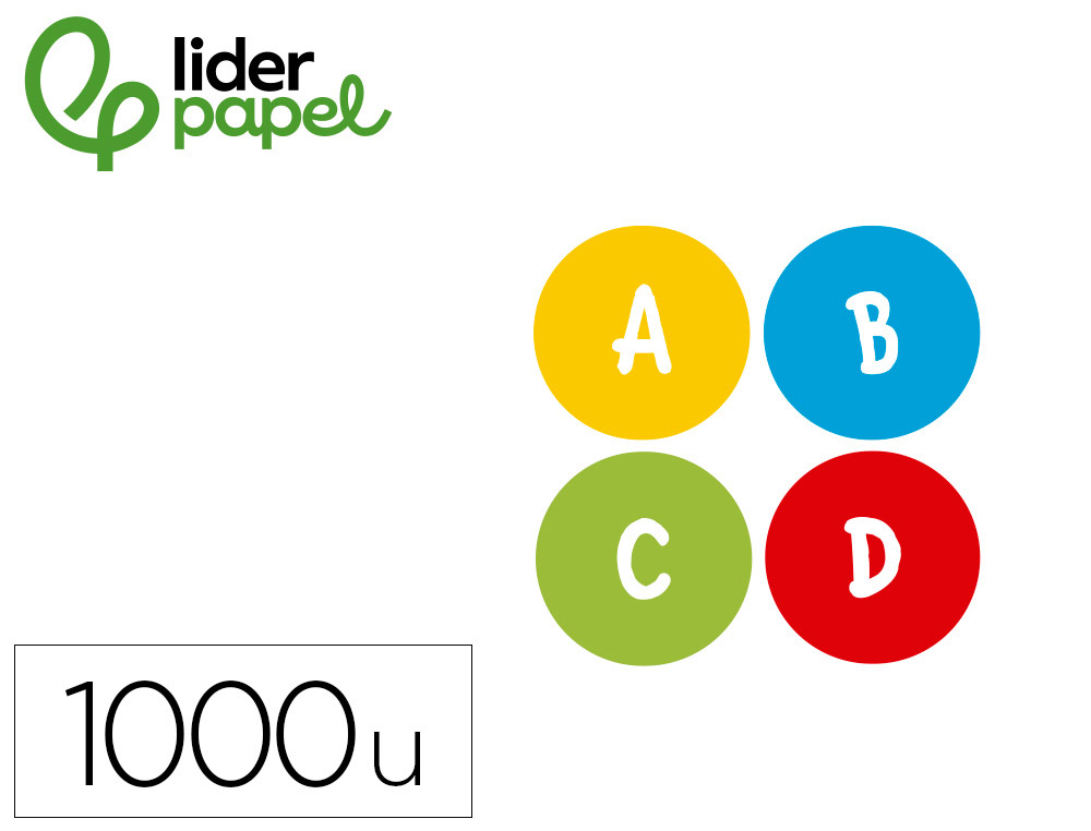 Gomets liderpapel autoadhesivo redondo abecedario 20 mm colores surtidos rollo de 1000 unidades en caja de carton