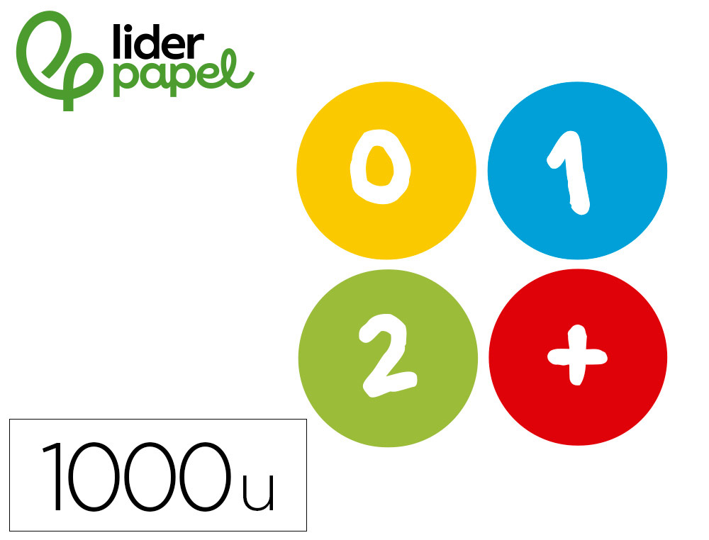 Gomets liderpapel autoadhesivo redondo numeros 20 mm colores surtidos rollo de 1000 unidades en caja de carton