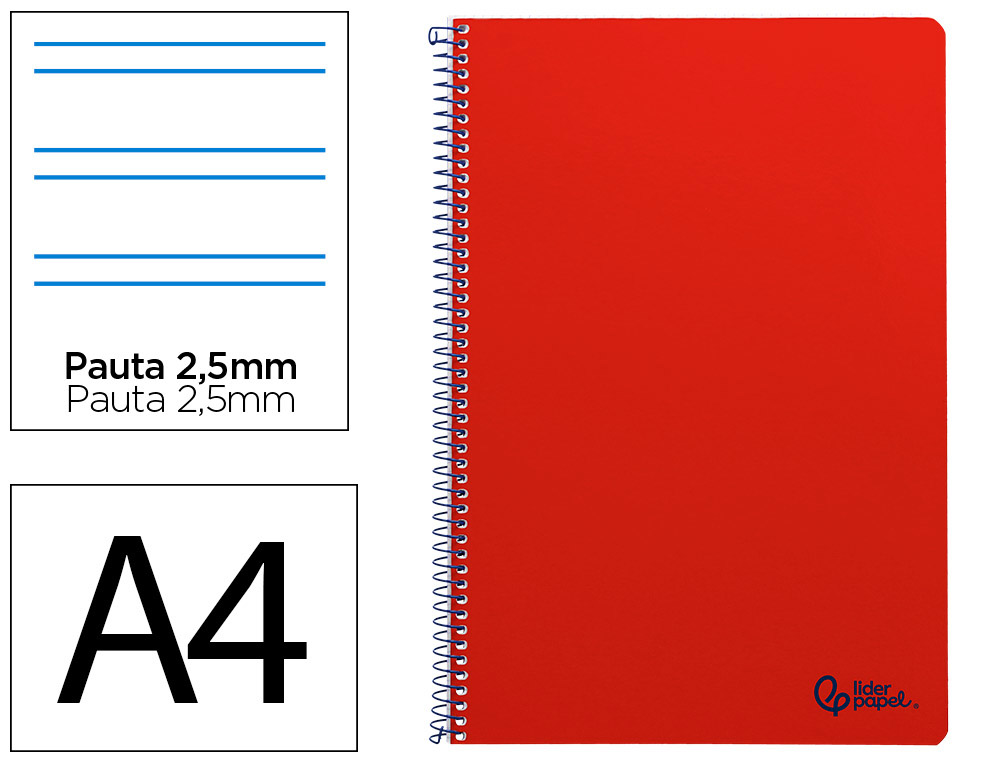 Cuaderno espiral liderpapel a4 smart tapa blanda 80h 75gr pauta 2,5mm con margen color rojo