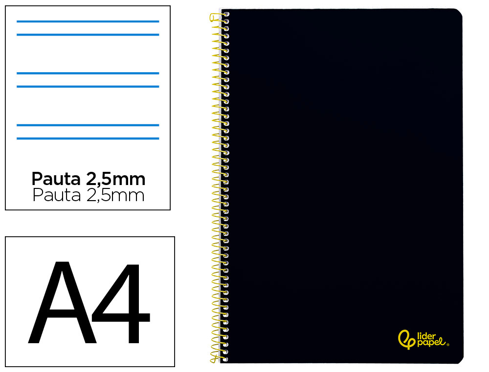 Cuaderno espiral liderpapel a4 smart tapa blanda 80h 75gr pauta 3,5mm con margen color negro