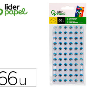Ojo adhesivo liderpapel 10 mm con pupila negra y pestaña de color azul pack de 66 unidades