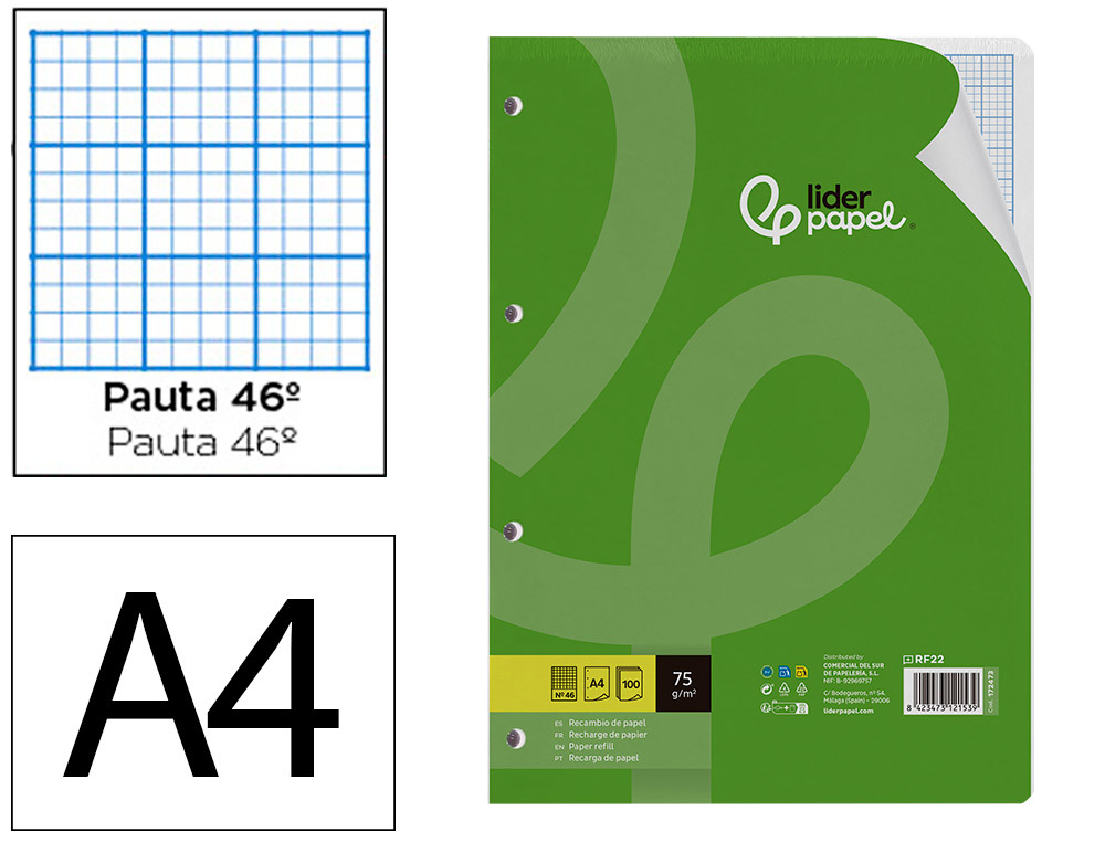 Recambio liderpapel a4 100 hojas 75gr rayado nº46 4 taladros - Imagen 3