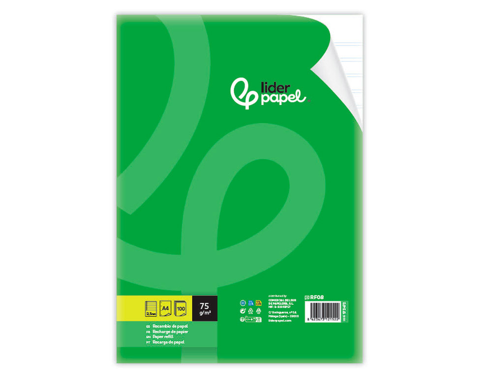 Recambio liderpapel a4 100 hojas 75 gr pauta 4º 3.5mm con margen 4 taladros