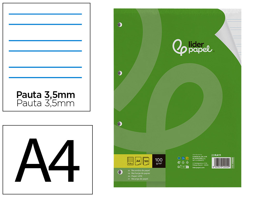Recambio liderpapel a4 100 hojas 100gr pauta 3,5mm con margen 4 taladros
