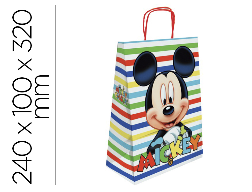 Bolsa para regalo basika papel celulosa 90 g mickey con asa retorcida tamaño s 240x100x320mm