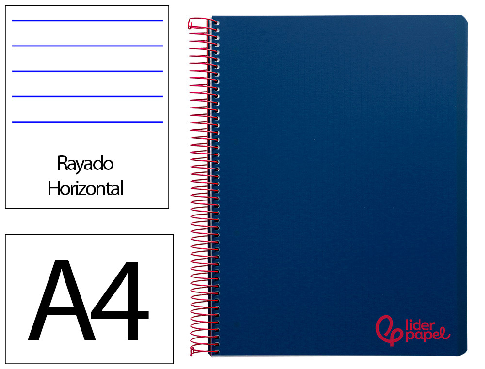 Cuaderno espiral liderpapel a4 wonder tapa plastico 80h 90gr rayado horizontal con margen color azul marino