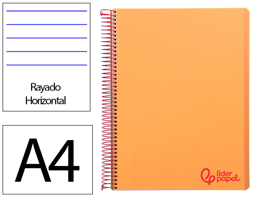 Cuaderno espiral liderpapel a4 wonder tapa plastico 80h 90gr rayado horizontal con margen color naranja