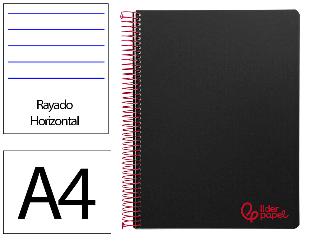 Cuaderno espiral liderpapel a4 wonder tapa plastico 80h 90gr rayado horizontal con margen color negro