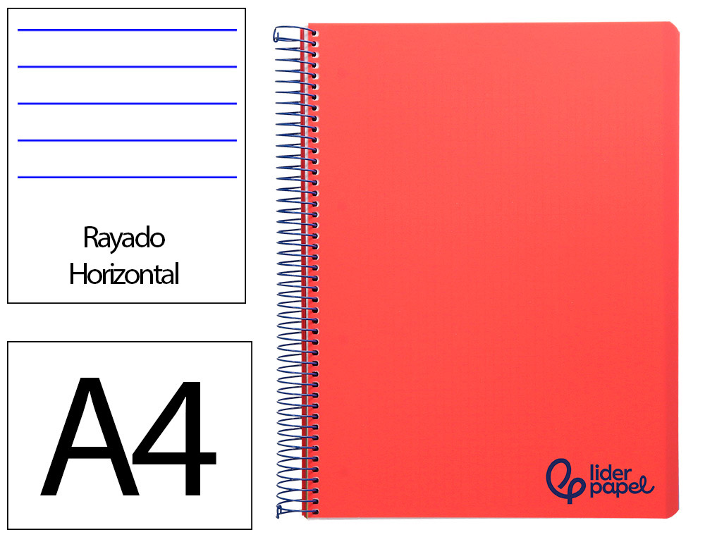Cuaderno espiral liderpapel a4 wonder tapa plastico 80h 90gr rayado horizontal con margen color rojo