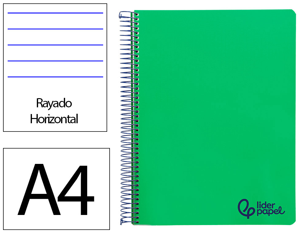 Cuaderno espiral liderpapel a4 wonder tapa plastico 80h 90gr rayado horizontal con margen color verde oscuro