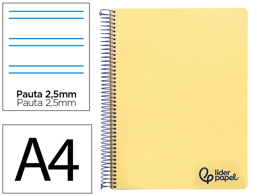 Cuaderno espiral liderpapel a4 wonder tapa plastico 80h 90gr pauta estrecha 2,5mm con margen color amarillo