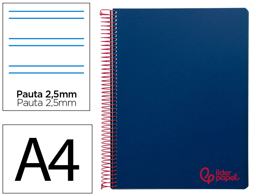 Cuaderno espiral liderpapel a4 wonder tapa plastico 80h 90gr pauta estrecha 2,5mm con margen color azul marino