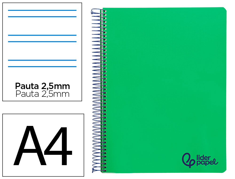 Cuaderno espiral liderpapel a4 wonder tapa plastico 80h 90gr pauta estrecha 2,5mm con margen color verde oscuro