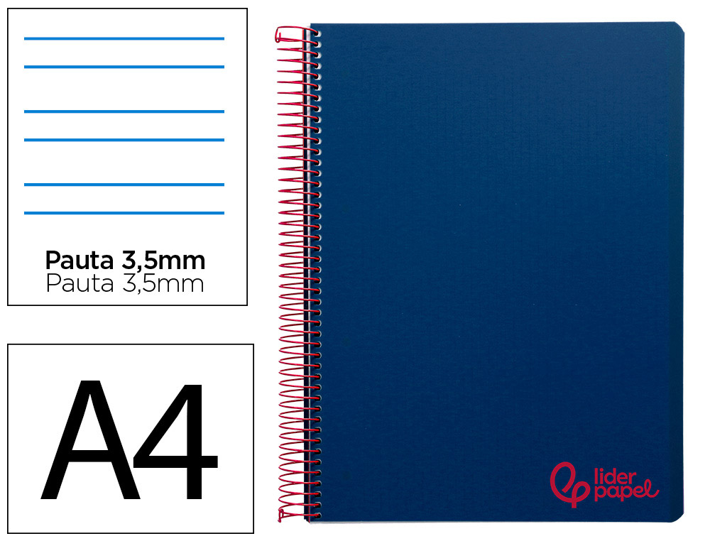 Cuaderno espiral liderpapel a4 wonder tapa plastico 80h 90gr pauta ancha 3,5mm con margen color azul marino