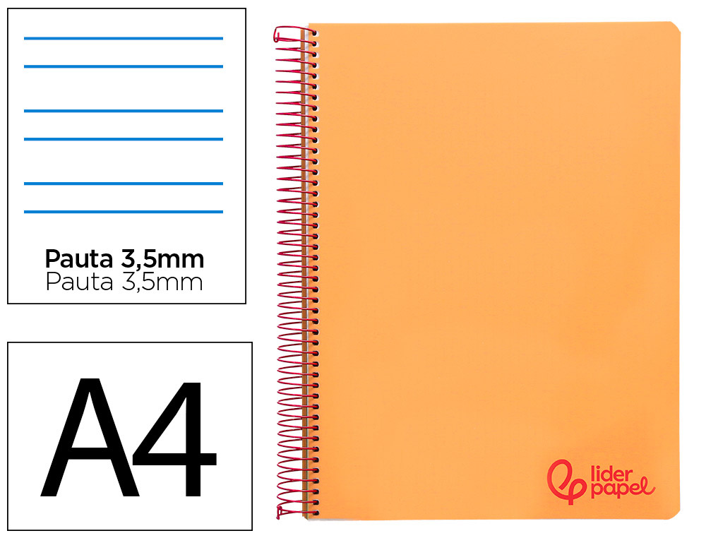 Cuaderno espiral liderpapel a4 wonder tapa plastico 80h 90gr pauta ancha 3,5mm con margen color naranja