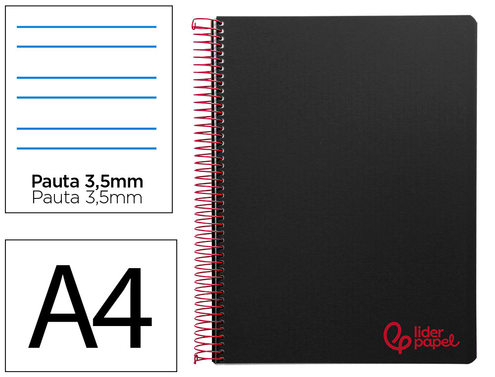 Cuaderno espiral liderpapel a4 wonder tapa plastico 80h 90gr pauta ancha 3,5mm con margen color negro
