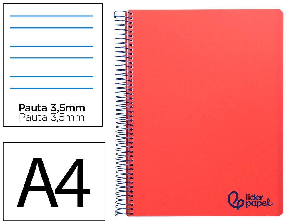 Cuaderno espiral liderpapel a4 wonder tapa plastico 80h 90gr pauta ancha 3,5mm con margen color rojo