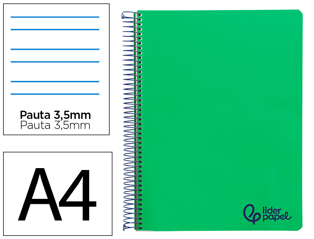 Cuaderno espiral liderpapel a4 wonder tapa plastico 80h 90gr pauta ancha 3,5mm con margen color verde oscuro