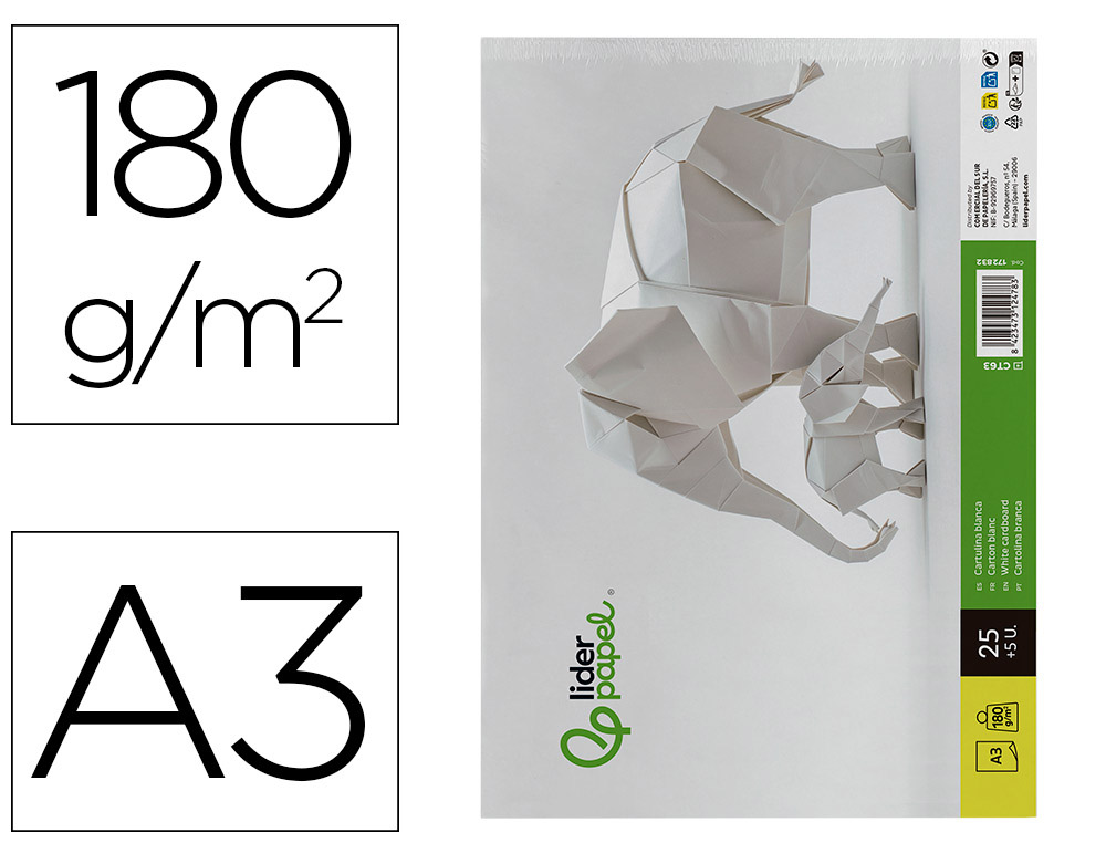 Cartulina liderpapel a3 180g/m2 blanco paquete de 25+5 hojas en carpeta dossier transparente con cierre