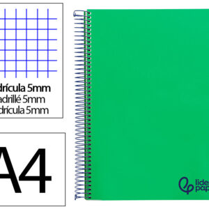Cuaderno espiral liderpapel a4 micro wonder tapa plastico 120h 90gr cuadro 5mm 5 bandas 4 taladros color verde oscuro
