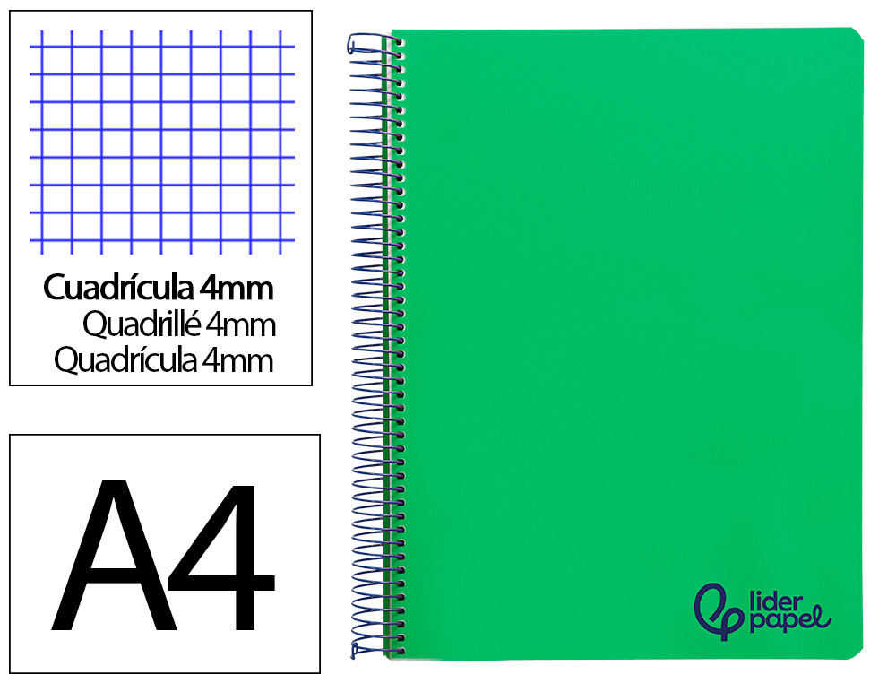 Cuaderno espiral liderpapel a4 wonder tapa plastico 80h 90gr cuadro 4mm con margen color verde oscuro