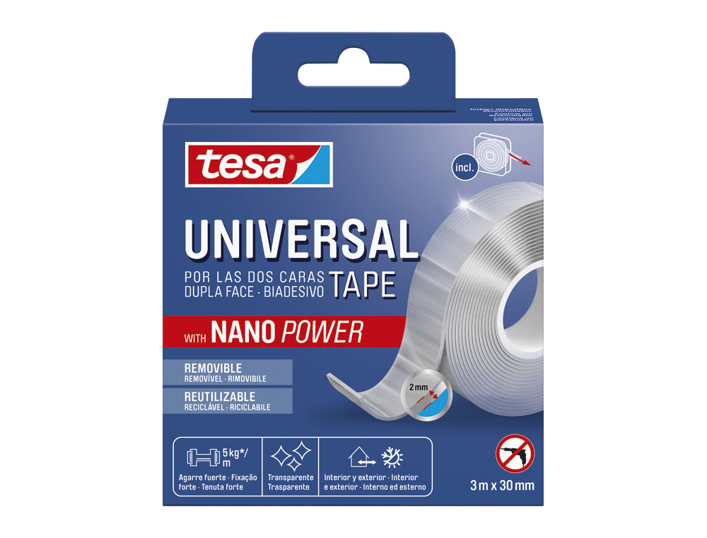 Cinta adhesiva tesa doble cara nano universal transparente 3 m x 30 mm