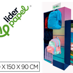 Mochila y estuche portatodo liderpapel expositor de suelo carton con 77 unidades surtidas 30x150x90 cm