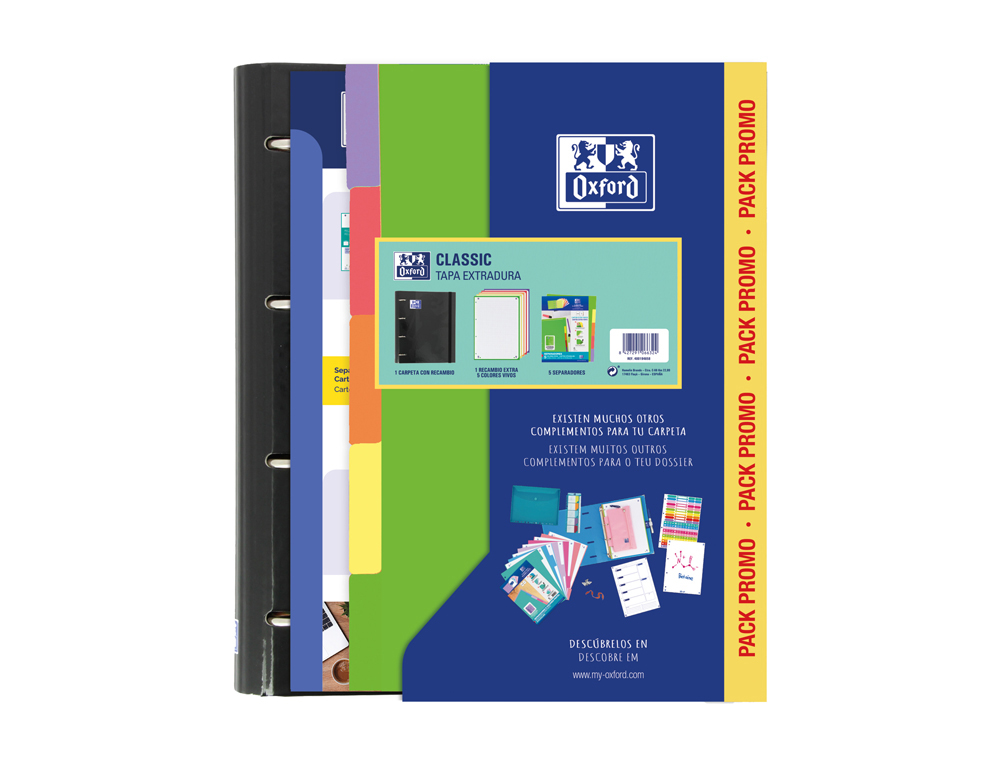 Carpeta con recambio oxford ebinder school din a4+ 4 anillas 35 mm recambio 80 h cuadro 5 mm + juego 5