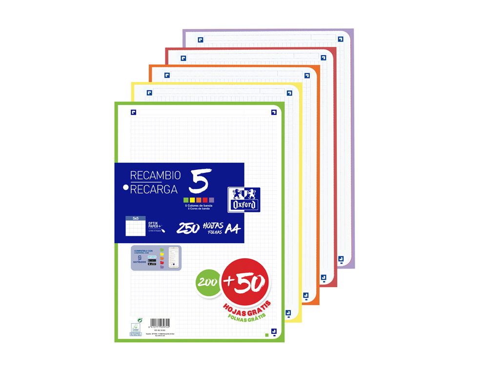 Recambio oxford din a4 200+50 hojas gratis cuadro 5 mm 4 taladros con banda 5 colores vivos