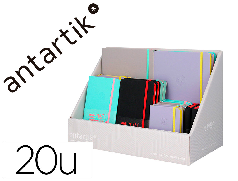 Cuaderno con gomilla antartik note tapa dura bicolor a5/a6/a7 expositor de 20 unidades surtidas