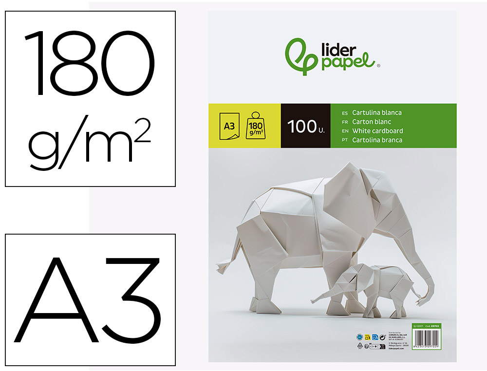 Cartulina liderpapel a3 180g/m2 blanco paquete de 100 hojas