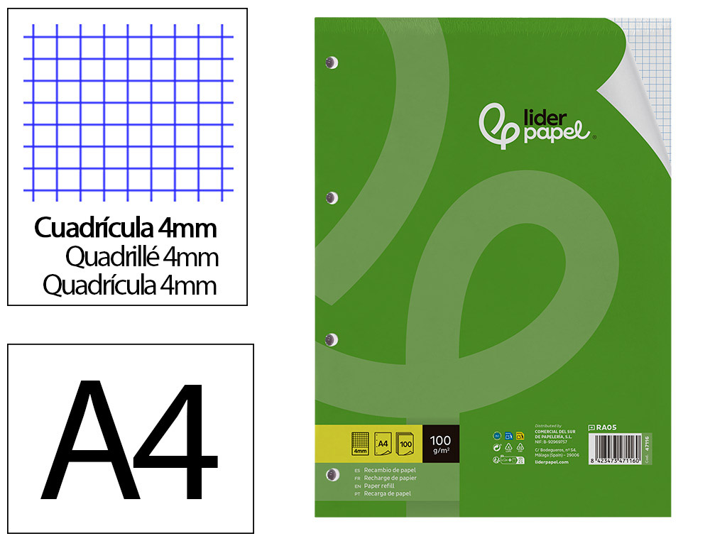 Recambio liderpapel a4 100 hojas 100gr cuadro 4mm con margen 4 taladros