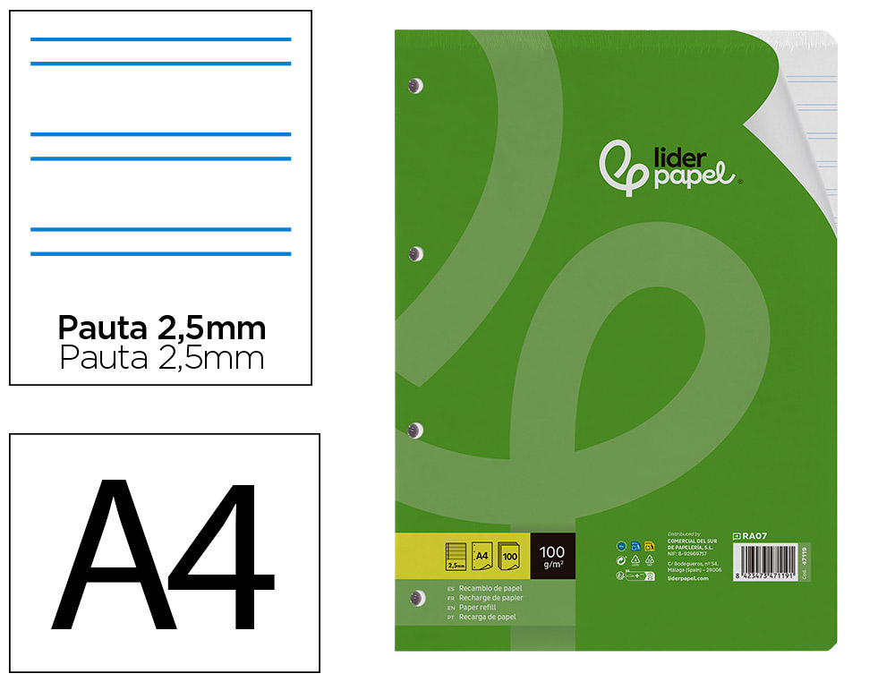 Recambio liderpapel a4 100 hojas 100gr pauta 5ª 2.5mm con margen 4 taladros