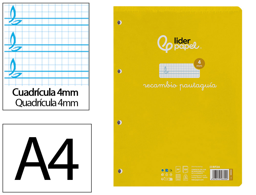 Recambio liderpapel a4 pautaguia 100 hojas 75gr cuadriculado pautado 4mm con margen 4 taladros