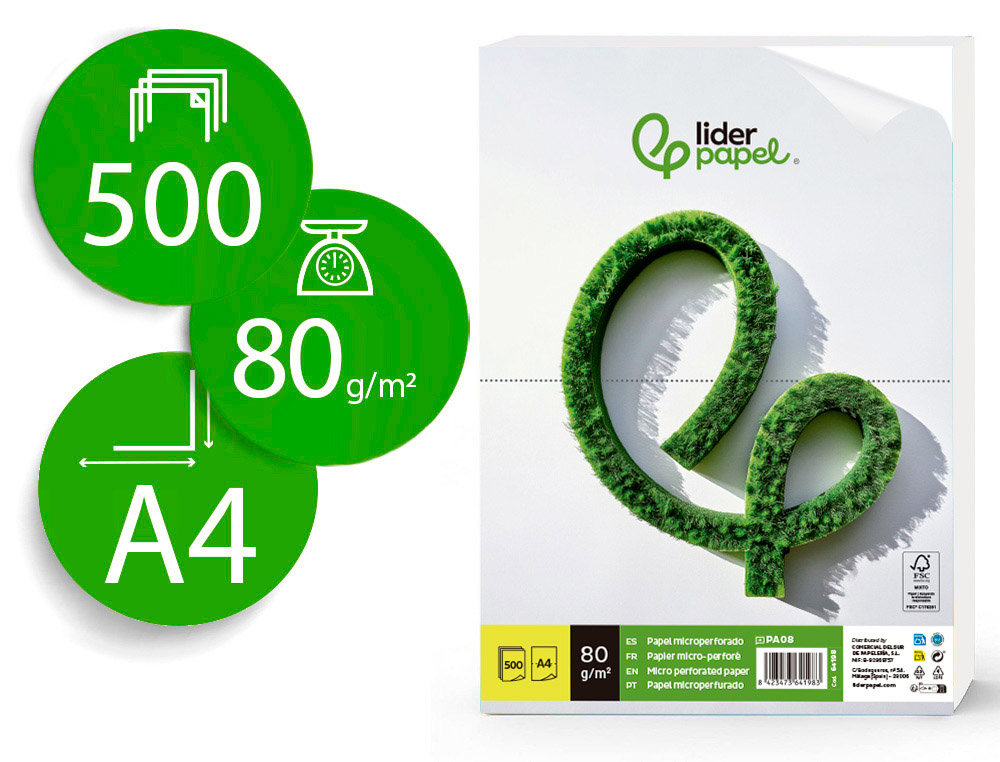 Papel liderpapel a4 80g/m2 liso microperforado en dos partes iguales paquete de 500 hojas