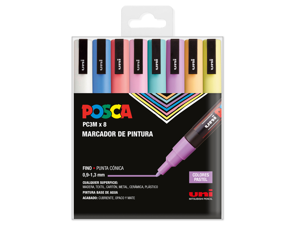 Rotulador uni posca pc-3m/8c marcador de pintura punta conica 0,9-1,3 mm estuche de 8unidades colores suaves