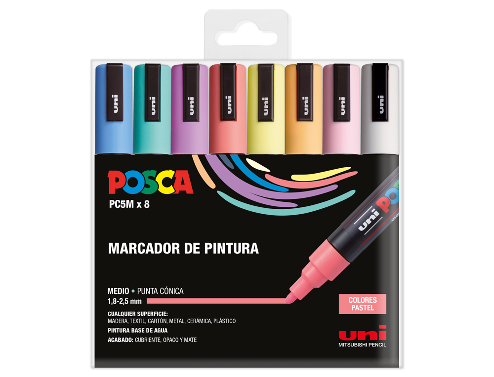 Rotulador uni posca pc-5m/8c marcador de pintura punta conica 1,8-2,5 mm estuche de 8 unidades colores suaves