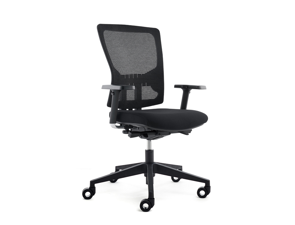 Silla de oficina rocada brazos regulables asiento tela ignifuga y respaldo malla color negro