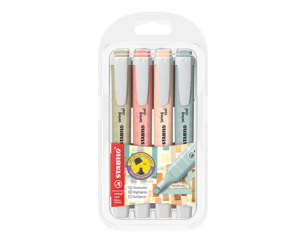 Rotulador stabilo fluorescente fino swing cool estuche de 4 unidades colores surtidos