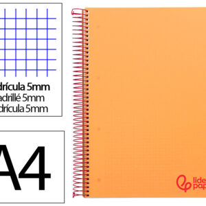 Cuaderno espiral liderpapel a4 micro wonder tapa plastico 120h 90gr cuadro 5mm 5 banda 4 taladros color naranja