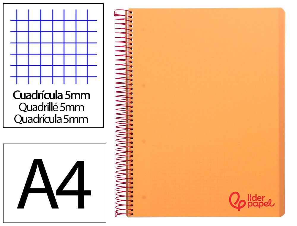 Cuaderno espiral liderpapel a4 micro wonder tapa plastico 120h 90gr cuadro 5mm 5 banda 4 taladros color naranja