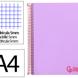 Cuaderno espiral liderpapel a4 micro wonder tapa plastico 120h 90gr cuadro 5mm 5 banda 4 taladros color lila